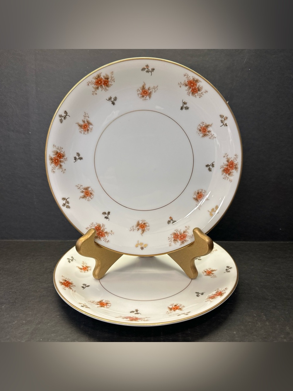 Vintage Noritake 5230 Dulcy Salad Plates Pair 8" Orange Floral Gold Trim 1930s